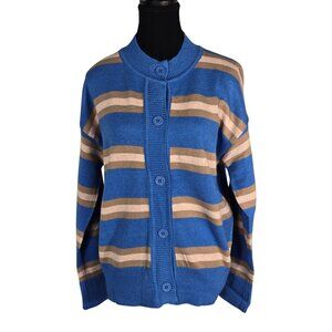NWOT | Blue Tan Striped Button Up Cardigan Sweater Collarless Crewneck | Medium